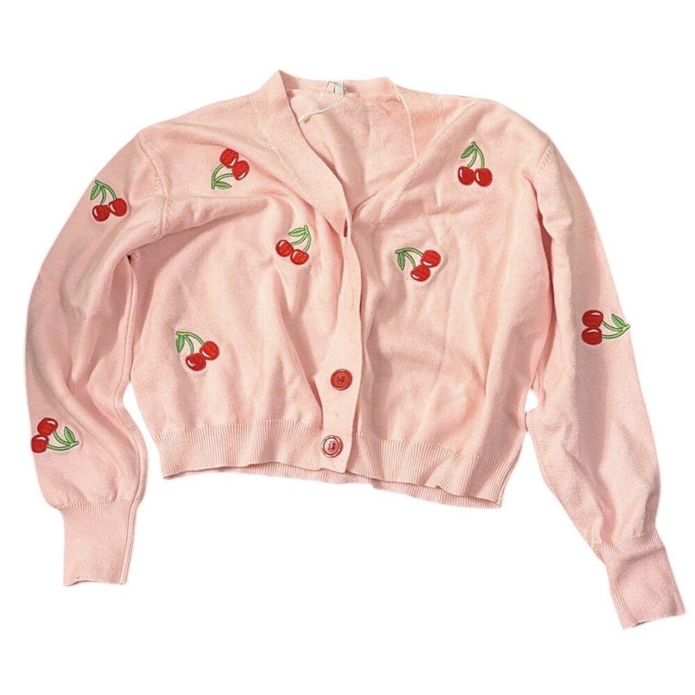 Pink Cherry Embroidered Knit Cardigan Sweater V-Neck Long Sleeve Size M cropped